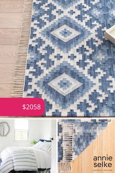 a blue and white rug with an image of a bed in the background that says, $ 2058