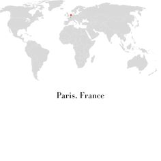 the location of paris, france in grey on a white map with red pins pointing to it