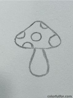 a drawing of a mushroom on paper with a pencil in it's left hand