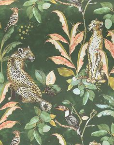 a wallpaper with leopards, birds and flowers on it's blue background