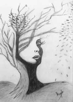 a pencil drawing of a woman's face and tree with birds flying around her