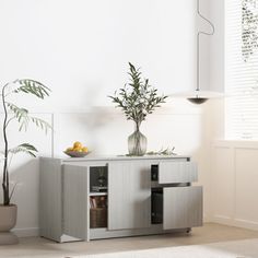 a living room with white walls and plants on the sideboard next to a potted plant