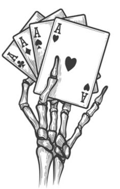 the skeleton hand holding four playing cards in it's left hand, with hearts on each