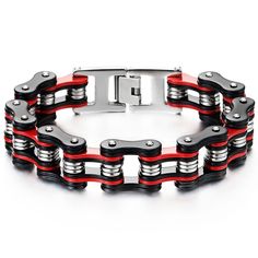 PRICES MAY VARY. Premium stainless steel; durable; tarnish-resistant; great for daily wear Masculine motorcycle chain design; silver, black, red bike link style High polished finish; comfortable to wear; stylish and practical Easy-to-use fold-over clasp; secure and reliable; keeps bracelet in place Perfect gift for birthdays, holidays, anniversaries, or to show appreciation Metal: Stainless Steel; Finishing: Polished; Dimension: Chain length: 22CM(8.66"); Chain Width: 1.8CM(0.71"); Weight: 108.5 Men Masculine, Keep Bracelet, Bike Chain Bracelet, Biker Bracelet, Biker Chain, Red Bike, Stainless Bracelet, Motorcycle Chain, Masculine Style