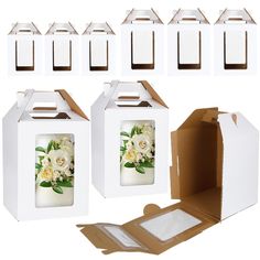 there are six boxes with flowers in them and one has a photo on the front