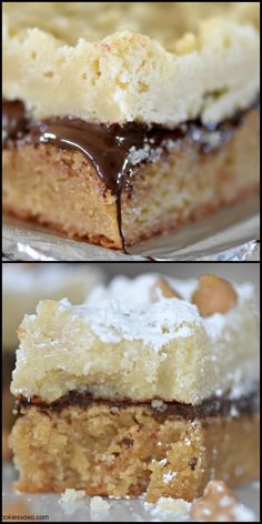 two pictures of different types of desserts with chocolate sauce on top and white frosting on the bottom