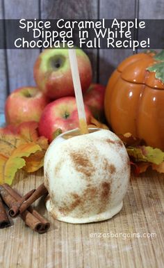 spice caramel apple chocolate fall recipe with cinnamon sticks and apples in the back ground