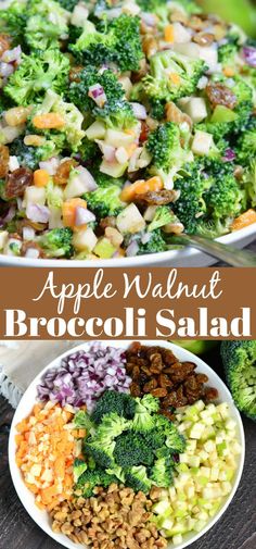 an apple walnut broccoli salad is shown in two separate bowls with the same toppings