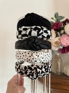 EACH LISTING IS FOR ONE ITEM EVEN IF MULTIPLE ITEMS ARE PICTURED. These headbands fit sizing 2 years up to 99 years +.  The base is bendable and can bend to any head size! You'll notice these will fit great on your head and not give you a headache! If you feel like it starts to push on your pressure points, simply take off and bend out a bit more. <3 No hot glue goes into this headband, it's all one piece knotted on. Padding from the  fabric at the bottom gives your head a little cushion. White Headbands, Headbands Black, Hard Headbands, White Headband, Velvet Color, Pressure Points, Turbans, Knot Headband, Hair Accessories Headbands