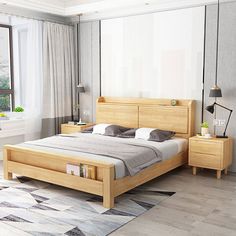 a bed room with a neatly made bed and two nightstands next to a window