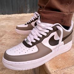 Hand painted taupe/brown colorway on all white Air Force 1. Painted with water resistant and non cracking leather paint. Nike Airforce Brown, Brown Fade-resistant Sneakers With Round Toe, Casual Leather Custom Sneakers With Waterproofing, Sporty Custom Brown Sneakers With Speckled Midsole, White Leather Custom Sneakers For Outdoor, Custom White Leather Sneakers For Outdoor, Brown Custom Sneakers With Speckled Midsole, Waterproof Leather Custom Sneakers Lace-up, Custom Lace-up Leather Sneakers With Waterproof Paint