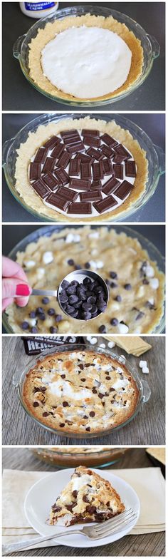 four different pies with chocolate and marshmallow toppings on them, all in glass pie pans