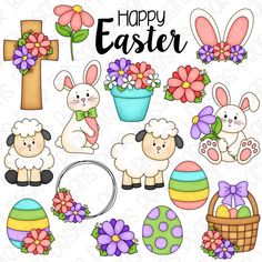 an easter clipart set with flowers, eggs and rabbits