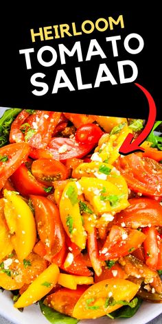 there is a salad with tomatoes and peppers on the plate in front of it that says heir tomato salad