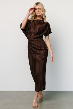 Brown Bridesmaid Dresses, Baltic Born, Fall Wedding Guest Dress, Brown Wedding, Guest Attire, Wedding Attire Guest, Shower Dresses, Pleated Midi Dress, Satin Midi Dress