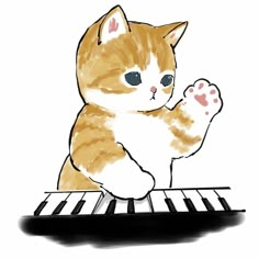 an orange and white cat sitting on top of a piano keyboard with its paw up