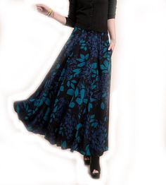 The skirt is of pretty peacock blue color, with floral pattern. The fabric consist of 90% nylon velvet and 10% lycra cotton. The skirt has big flare, maxi length. You can match it with boots, very fashionable, and warm enough for winter.  Skirt length can be customized from 80cm to 105cm. Please let me know your waist size, your height or preferred length in the order. Maxi Rock, Blue Maxi Skirt, Leopard Print Coat, Winter Skirt, Blue Maxi, Print Coat, Peacock Blue, Brown Floral, Flare Skirt