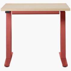 a red desk with a wooden top and metal legs