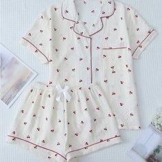 Cute Sleep Set With Lapel Button Up Top And Bowknot Shorts For Women Pretty Pjs Sleep Nightwear, Where To Get Cute Pajama Sets, Cute Pjs Silk, Matching Set Pjs, Women’s Sleepwear, Pj Sets Cute, Cute Sleep Outfits, Cute Sleepwear Outfits, Girl Stuff To Buy