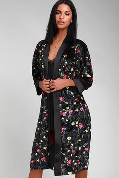 Good Luxe Charm Black Floral Print Velvet Robe Velvet Outfit, Womens Velvet Dresses, Velvet Party Dress, Maxi Tops, Velvet Clothes, Printed Robe, Green Floral Print, Black Floral Print, Sash Belt