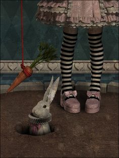 a woman in striped socks holding an umbrella next to a rabbit