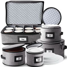 an open case filled with lots of different types of dishes and containers on top of each other