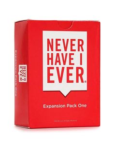 a red box with the words never have i ever on it and an exp pack one