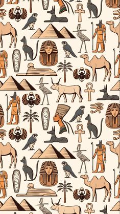 an image of egyptian art with animals and people on it's back ground,