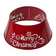 a red christmas lamp shade with white writing on the bottom and merry christmas written across the top