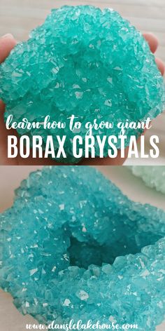 a close up of a person's hand holding a blue crystal rock with text overlay reading learn how to grow giant borax crystals