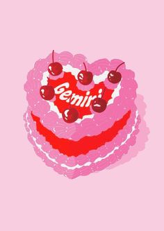 a pink heart shaped cake with cherries on top