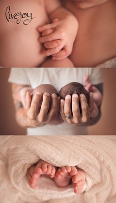 the hands and feet of a newborn baby are held up by their mother's hands