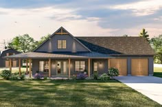 this is an artist's rendering of the front elevation of a house with two garages