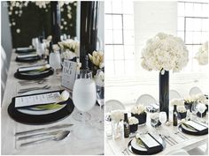 the table is set with black and white plates, silverware, and flower centerpieces