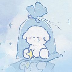 a drawing of a little white dog sitting in a bag with a star on it