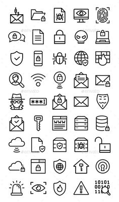 a large set of thin line icons in black and white