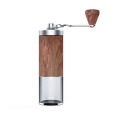 a metal and wood coffee grinder with a wooden handle on a white background,