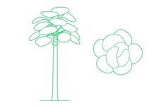 a green line drawing of a flower next to a tall tree with leaves on it