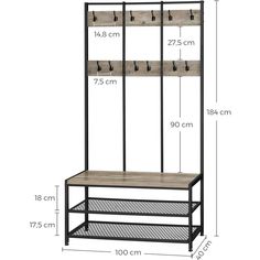 an image of a shelf with hooks on it and measurements for the shelves in front