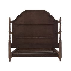 an old wooden bed frame with iron bars on the headboard and foot board, isolated against a white background