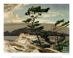 a painting of a tree on top of a rocky hill next to the ocean with clouds in the sky