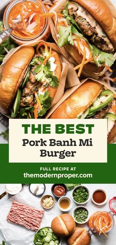 3 banh mi burgers on a plate with pickled carrots cilantro and jalapeños Pork Bahn Mi Burger, Bahn Mi Burgers, Bahn Mi Wrap, Bon Mi Sandwich Recipe, Banh Mi Side Dish, Bang Mi Sandwich, Banh Mi Meatballs, Tasty Burger Recipes, Bon Mi Sandwich