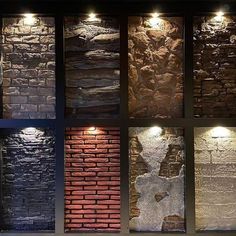 several different types of brick walls with lights on them