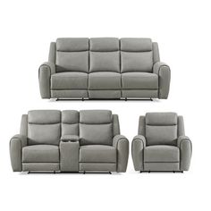 two reclining sofas, one in grey leather and the other in light gray fabric