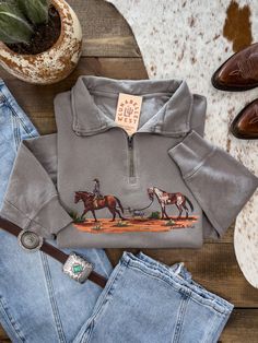 The Wild One Quarter Zip – Lunabelle West Western Clothing Brands, Simple Cowgirl Outfits Casual, Western Quarter Zip, Hippy Cowgirl Style, Cute Country Fits, Trendy Western Outfits For Women, Horseback Riding Outfit Casual, Cute Western Outfits Women, Western Punchy Outfits