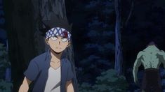 two anime characters in the woods with trees behind them and one is wearing a bandana