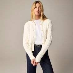 J.Crew: Odette Cable-knit Sweater Lady Jacket In Cotton-blend Bouclé For Women Ralph Lauren Womens Clothing Casual, Cotton Cable Knit Sweater, Lady Jacket, Cardigan Outfits, Jcrew Women, Fall 2024, Fit Inspo, Scarf Hairstyles, Winter Style