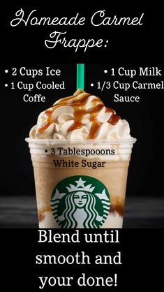 a cup of coffee with caramel and whipped cream on top, labeled homemade caramel frappe