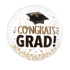 congratulations grad foil balloon with gold confetti on the bottom and graduation cap