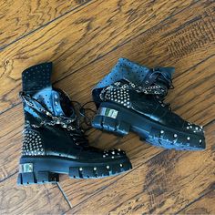 The New Rock Studded Chain Leather Goth Metallic Spike Black Boots New Without Tag Can Be Worn Ankle Or Higher One Of A Kind Leather Size 38, According To Google That’s 7.5 In Us Please Do Your Own Research Before Purchasing Spiked Boots, Leather Goth, Hightop Sneakers, New Rock, Moto Boots, Leather Chain, Black Boots, Kiss, Size 7